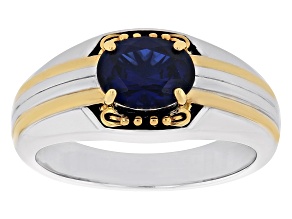 Blue Lab Created Sapphire Rhodium & 18k Yellow Gold Over Sterling Silver Men's Ring 2.13ct