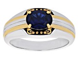 Blue Lab Created Sapphire Rhodium & 18k Yellow Gold Over Sterling Silver Men's Ring 2.13ct