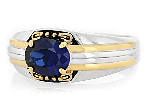 Blue Lab Created Sapphire Rhodium & 18k Yellow Gold Over Sterling Silver Men's Ring 2.13ct