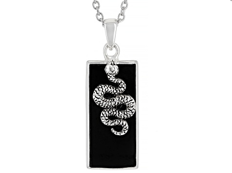 Black Onyx Rhodium Over Sterling Silver Men's Snake Pendant With Chain