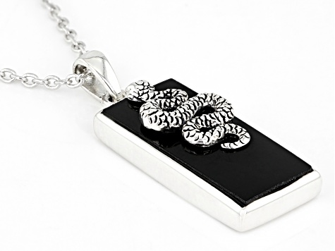 Black Onyx Rhodium Over Sterling Silver Men's Snake Pendant With Chain