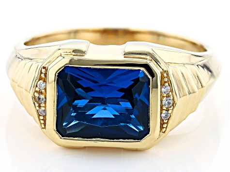 Blue Lab Created Spinel 18k Yellow Gold Over Sterling Silver Men's Ring 3.74ctw