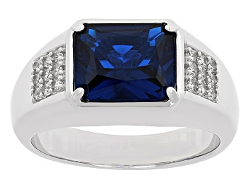 Picture of Blue Lab Created Spinel Rhodium Over Sterling Silver Men's Ring 4.02ctw