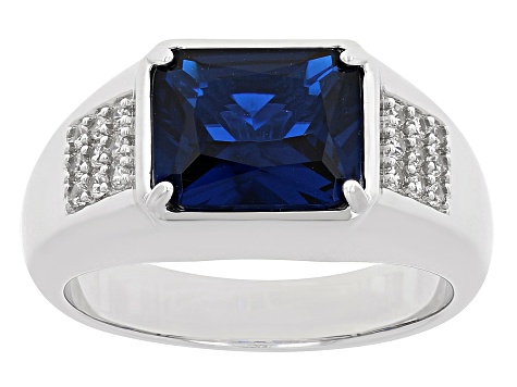 Blue Lab Created Spinel Rhodium Over Sterling Silver Men's Ring 4.02ctw