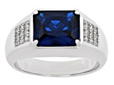 Blue Lab Created Spinel Rhodium Over Sterling Silver Men's Ring 4.02ctw