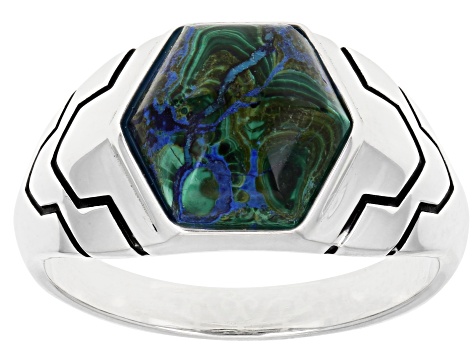 Green Azurmalachite Rhodium Over Sterling Silver Men's Ring