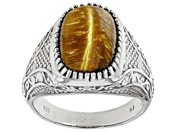 Picture of Brown Tigers Eye Rhodium Over Sterling Silver Solitaire Men's Ring