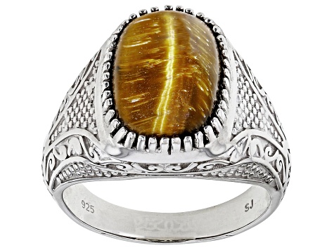 Brown Tigers Eye Rhodium Over Sterling Silver Solitaire Men's Ring