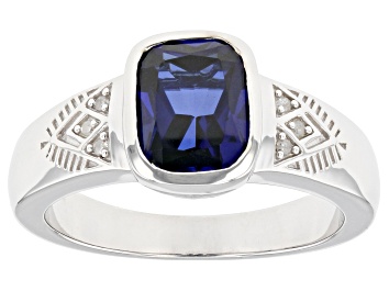 Picture of Blue Lab Created Sapphire Rhodium Over Sterling Silver Men's Ring 4.03ctw