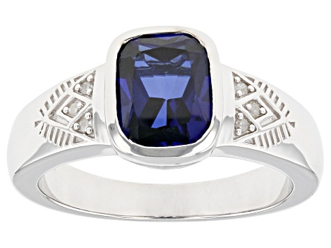 Blue Lab Created Sapphire Rhodium Over Sterling Silver Men's Ring 4.03ctw