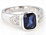 Blue Lab Created Sapphire Rhodium Over Sterling Silver Men's Ring 4.03ctw