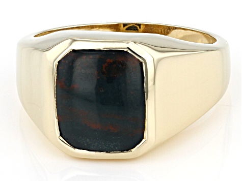 Green Bloodstone 18k Yellow Gold Over Sterling Silver Men's Ring