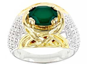 Green Onyx Rhodium & 18k Yellow Gold Over Sterling Silver Two-Tone Men's Ring 1.61ctw