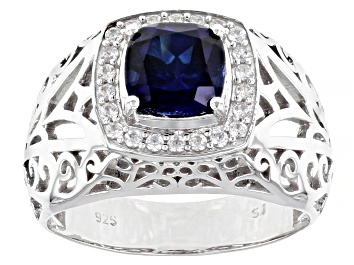 Picture of Blue Lab Created Sapphire Rhodium Over Sterling Silver Men's Ring 3.10ctw