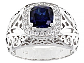 Blue Lab Created Sapphire Rhodium Over Sterling Silver Men's Ring 3.10ctw