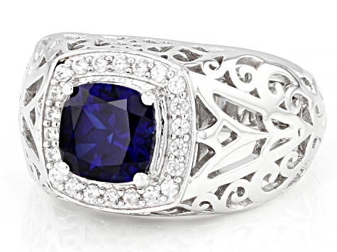 Blue Lab Created Sapphire Rhodium Over Sterling Silver Men's Ring 3.10ctw