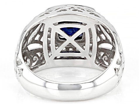 Blue Lab Created Sapphire Rhodium Over Sterling Silver Men's Ring 3.10ctw