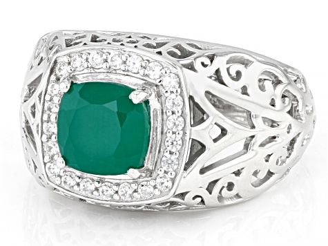 Green Onyx Rhodium Over Sterling Silver Men's Ring 2.41ctw