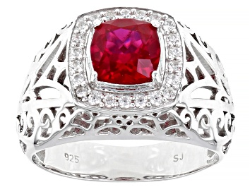 Picture of Red Lab Created Ruby Rhodium Over Sterling Silver Men's Ring 2.69ctw
