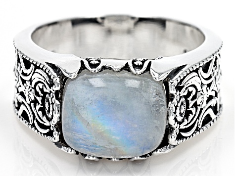 Rainbow Moonstone Rhodium Over Sterling Silver Men's Ring