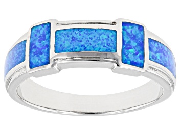 Picture of Blue Lab Created Opal Inlay Rhodium Over Sterling Siler Men's Band Ring
