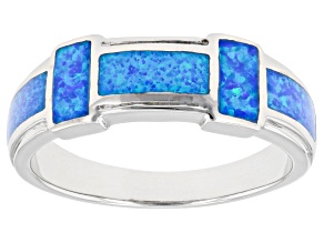 Blue Lab Created Opal Inlay Rhodium Over Sterling Siler Men's Band Ring