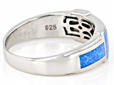 Blue Lab Created Opal Inlay Rhodium Over Sterling Siler Men's Band Ring