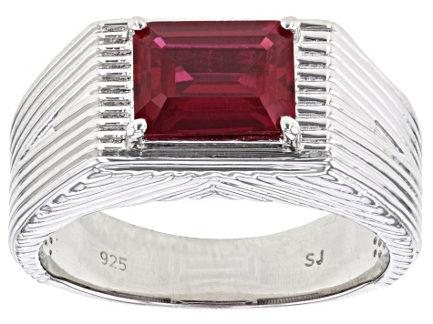 Red Lab Created Ruby Rhodium Over Sterling Silver Men's Ring 2.43ct