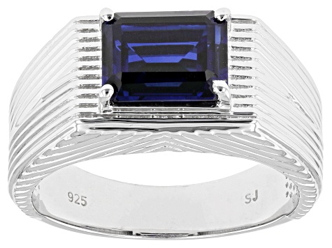 Blue Lab Created Sapphire Rhodium Over Sterling Silver Men's Ring 3.08ct