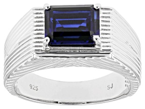 Blue Lab Created Sapphire Rhodium Over Sterling Silver Men's Ring 3.08ct