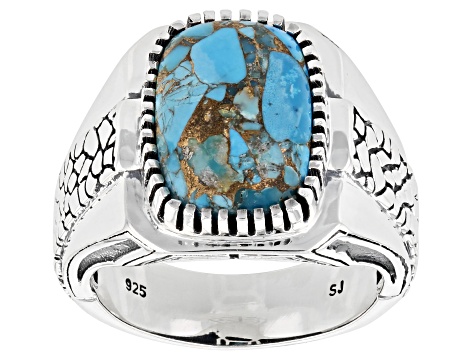 Blue Turquoise Rhodium Over Sterling Silver Men's Ring