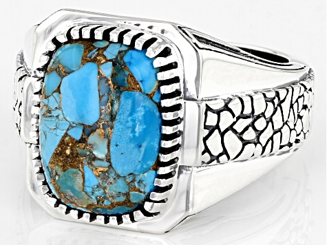 Blue Turquoise Rhodium Over Sterling Silver Men's Ring