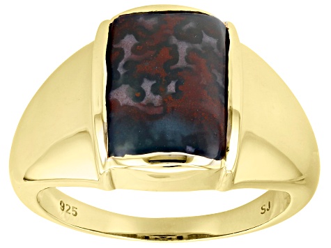 Bloodstone 18k Yellow Gold Over Sterling Silver Men's Ring