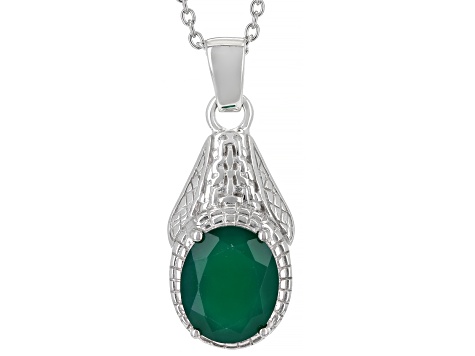 Green Onyx Rhodium Over Sterling Silver Men's Pendant With Chain 3.61ct