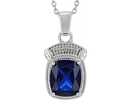 Blue Lab Created Spinel Rhodium Over Sterling Silver Men's Pendant With Chain 4.84ct