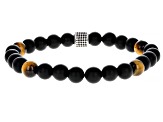 Brown Tigers Eye With Black Onyx Sterling Silver Stretch Beaded Bracelet