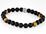 Brown Tigers Eye With Black Onyx Sterling Silver Stretch Beaded Bracelet