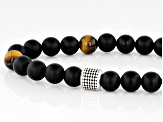 Brown Tigers Eye With Black Onyx Sterling Silver Stretch Beaded Bracelet