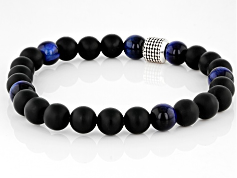 Blue Tigers Eye With Black Onyx Sterling Silver Stretch Bracelet