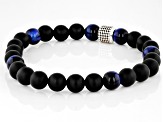 Blue Tigers Eye With Black Onyx Sterling Silver Stretch Bracelet