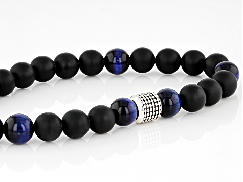 Blue Tigers Eye With Black Onyx Sterling Silver Stretch Bracelet