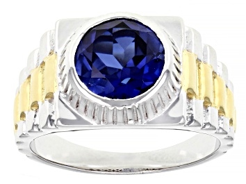 Picture of Blue Lab Created Sapphire Rhodium Over Sterling Silver Two Tone Men's Ring 2.55ct
