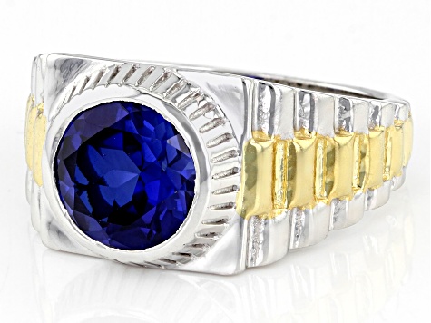 Blue Lab Created Sapphire Rhodium Over Sterling Silver Two Tone Men's Ring 2.55ct