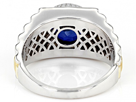 Blue Lab Created Sapphire Rhodium Over Sterling Silver Two Tone Men's Ring 2.55ct