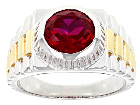 Red Lab Created Ruby Rhodium Over Sterling Silver Two Tone Men's Ring 2.55ct