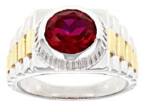 Red Lab Created Ruby Rhodium Over Sterling Silver Two Tone Men's Ring 2.55ct