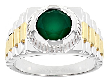 Picture of Green Onyx Rhodium Over Sterling Silver Two Toned Men's Ring 2.20ct