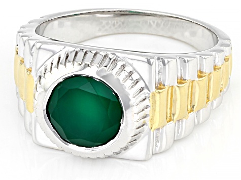 Green Onyx Rhodium Over Sterling Silver Two Toned Men's Ring 2.20ct