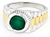 Green Onyx Rhodium Over Sterling Silver Two Toned Men's Ring 2.20ct