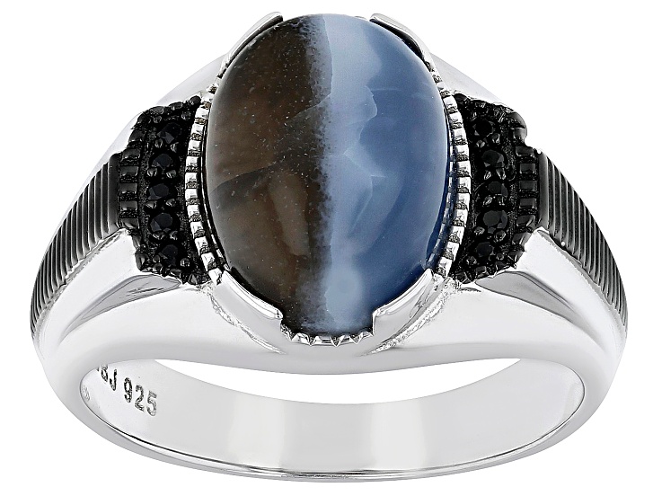 Bi Color Opal Rhodium Over Sterling Silver Men's Ring 0.09ctw